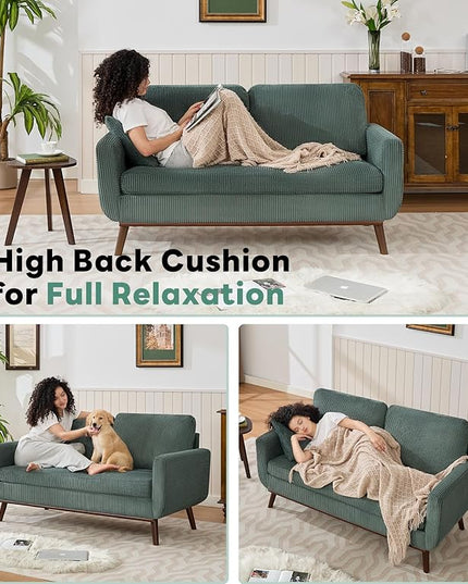 Tbfit 65" Corduroy Love Seat with Spring Cusions, Mid Century Modern Loveseat Sofa for Livingroom & Bedroom, Comfy Upholstered Small Couch