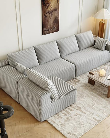 139.4" Modular Sectional Sofa, L-Shaped Minimalist Couches with Middle Seat Chaise, Modern Deep Seat Convertible Sleeper Sofa,Cloud Plush Corduroy Fabric, No Assembly Required, 5 Seater, Grey