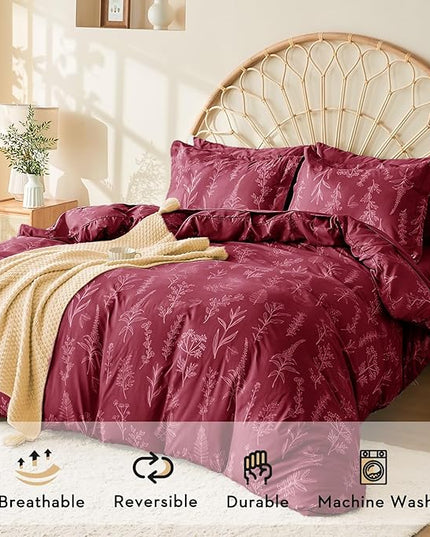 MUXHOMO Burgundy Bed in a Bag Queen 7 Pieces, Queen Comforter Set Reversible Botanical Flowers Design, Ultra Soft & Breathable Bedding Sets with Comforter, Sheets, Pillowcases & Shams
