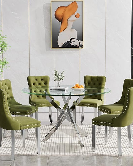 Round Glass Dining Table Set for 6, 47'' Clear Circular Kitchen Table and Chairs Set, 7PCS Modern Circle Dining Room Table Set with 6 Velvet Dining Chair for Home