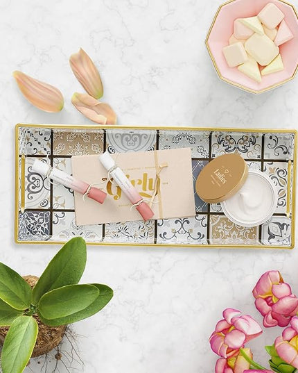 Bathroom Vanity Tray for Countertop, Small Plastic Toilet Tank Tray Versatile Storage & Organization Tray for Makeup, Perfume, Desk, Kitchen, Candles, 13.7"x6"x1.4", 35Boho3