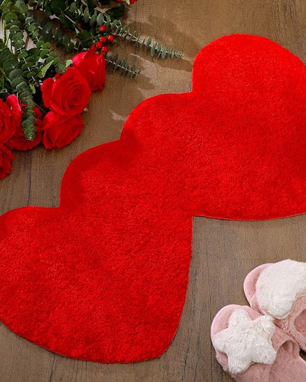 Hoolerry Valentines Heart Rug Double Heart Shaped Bathroom Rug Decorative Non Slip Doormat Washable Love Shag Shower Mat Home Bedroom Living Room 15.75 x 31.5 Inch(Red)