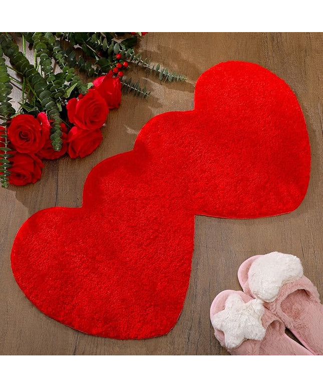 Hoolerry Valentines Heart Rug Double Heart Shaped Bathroom Rug Decorative Non Slip Doormat Washable Love Shag Shower Mat Home Bedroom Living Room 15.75 x 31.5 Inch(Red)