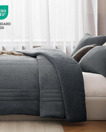Monbix Fluffy Full Comforter Set Blue Grey, Sherpa Plush Fuzzy Comforter 3 Piece for Full Size Bed, Luxury Soft Winter Warm Bedding Set