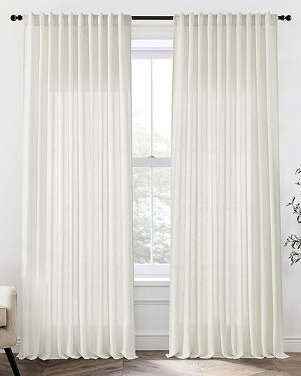 Extra Wide Curtains 70 In Width for 72 Inch Window,Pleated Back Tab Linen Semi Sheer Full Length Curtains for Living Room Sliding Glass Door 2 Panel Set,72x102,70x102,6FT x 102 Inches Long,Cream