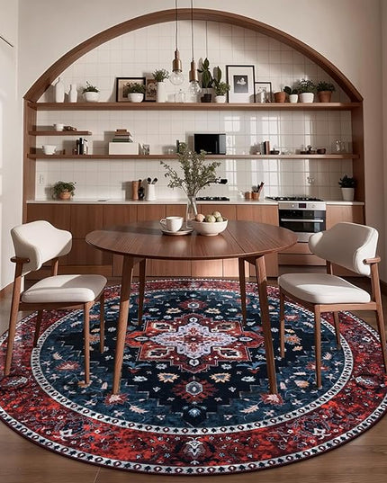 Ciicool Boho Area Rug Washable 6x6ft Round Bedroom Rug Non-Slip Oriental Throw Rug Low-Pile Floor Carpet for Dining Room Living Room