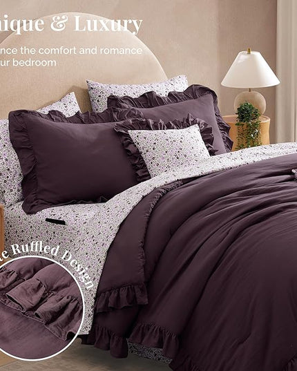 Full Comforter Set - 7 Pieces Ruffle Purple Bedding Sets, Shabby Chic Farmhouse Bed in a Bag Full with Ruffle Comforter, Floral Sheets, Pillowcases & Shams