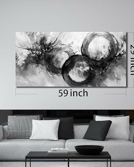JuhaiArt White Wall Decor Art for Living Room Office Abstract Canvas Wall Art Black Circle Picture Art 29" x 59" Large Modern Poster Artwork