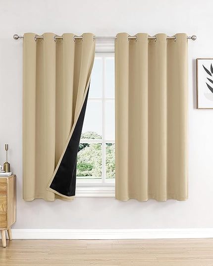 ChrisDowa 100% Blackout Curtains for Bedroom with Black Liner, 2 Thick Layers Total Blackout Thermal Insulated Grommet Window Curtains 2 Panels Set (Beige, 52 x 63 Inch)