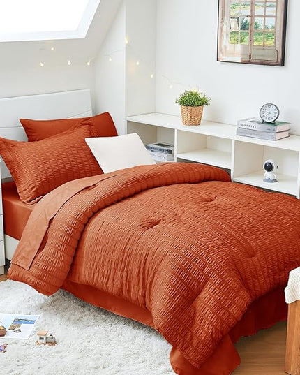 HYMOKEGE Burnt Orange Twin XL Comforter Set Seersucker 5 Pieces, All Season Luxury Bed in a Bag for Bedroom, Bedding Set with Comforter, Sheets, Pillowcase & Sham