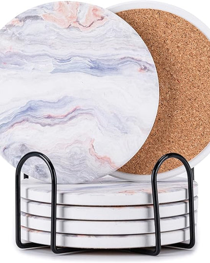 Hoewina 6Pcs Drink Coasters with Holder, Marble Style Ceramic Drink Coaster, Absorbent Coasters Set Suitable for Kinds of Cups, Modern Style Coasters for Coffee Table, 4 Inches（Cloud Style）