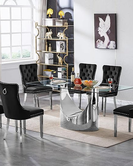 7 Piece Dining Table Set, Modern Glass Dining Table Set for 6 with Velvet Chairs, 70" Luxury Dining Table Chairs Set of 6, Kitchen Dining Room Sets for Dinner Dinette Breakfast Banquet, Black+Silver