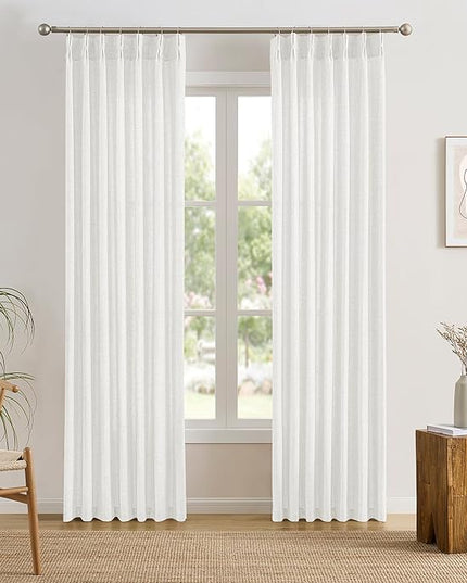 White Linen Pinch Pleated Semi Sheer Curtains 2 Panels 144 Inches Long, Back Tab with Hooks, Window Treatment Curtains for Living Room 42 Inch Wide