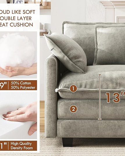 WorthFurni 111.4” Cloud Couch, Modular Sectional Sofa, Comfy Modern 3-Seater Couches with Pillows & Upholstered Deep Seat Cushion for Apartment Living Room Bedroom （Grey）