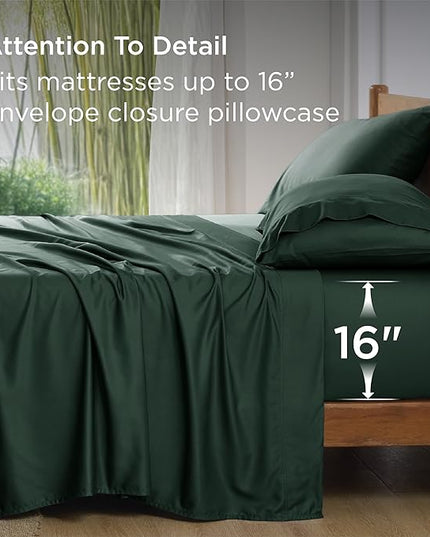 Bedsure Queen Sheet Set, Rayon Derived from Bamboo, Cooling Sheets, Breathable & Soft, Deep Pocket Up to 16 Inches, Hotel Luxury Silky Bedding for Hot Sleepers, Forest Green