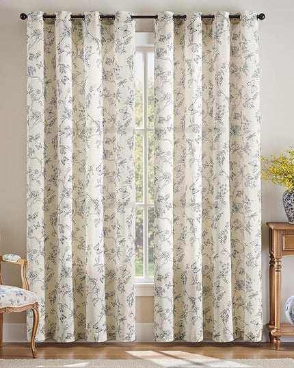 Lazzzy Blue Floral Linen Farmhouse Curtains 84 Inch Length Drapes for Living Room Bedroom Pattern Light Filtering Country Vintage Curtain Grommet Top, 2 Panels, Blue on Beige