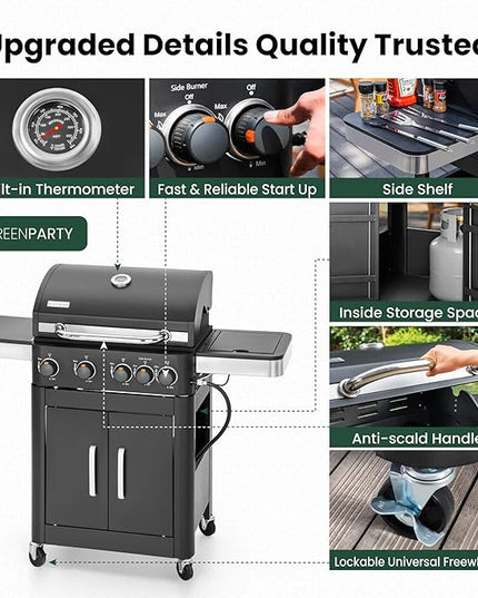 2 in 1 Propane Gas BBQ Grill with Side Burner & Porcelain-Enameled Cast Iron Grate, 4-Burner Flat Top Griddle, 46,700 BTU Outdoor Barbecue Propane Griddle Grill Combo for Camping, Patio, Backyard