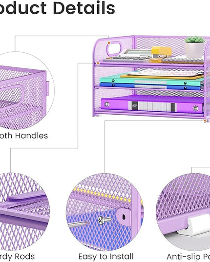 3 Tier Paper Organizer with Handle, Metal Desk Organizer Mesh Paper Letter Tray Desktop File Folder Document Sorter for Classroom, School, Office Accessories Organization and Storage - Purple