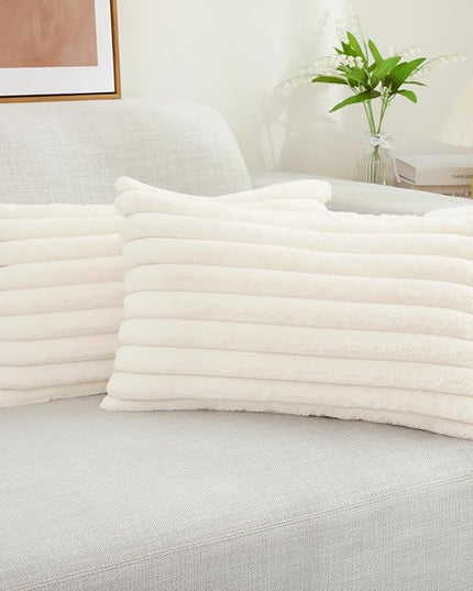 decorUhome Faux Fur Spring Throw Pillow Covers 12x20 Set of 2, Decorative Soft Plush Striped Neutral Couch Euro Pillow Covers with Velvet Back for Sofa, Bed, Living Room Home Decor, Cream White
