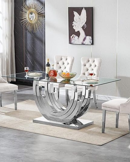 Henf 5-Piece Dining Table Set with 4 Upholstered Dining Chairs, Large Dining Table and Chair Set for 4, Modern Glass Kitchen Table Furniture for Dining Room, Glass Top and Stainless Steel Pesestal