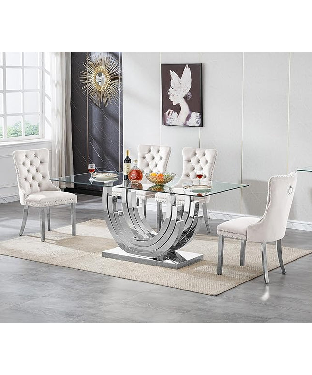 Henf 5-Piece Dining Table Set with 4 Upholstered Dining Chairs, Large Dining Table and Chair Set for 4, Modern Glass Kitchen Table Furniture for Dining Room, Glass Top and Stainless Steel Pesestal