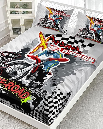 AILONEN Motorcycle Dirt Bike Fitted Sheet Set, Full Size Bedding Sheet Motocross Racing Sheet Set,Teen Boys Motocross Racer Bed Sheet Set 3 Pieces, 1 Fitted Sheet and 2 Pillowcases