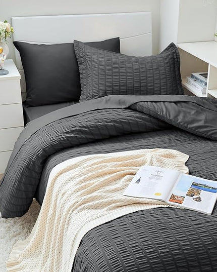 HYMOKEGE Twin XL Comforter Set Seersucker 5 Pieces, All Season Luxury Bed in a Bag for Bedroom, Bedding Set with Comforter, Sheet, Pillowcase & Sham, Dark Grey