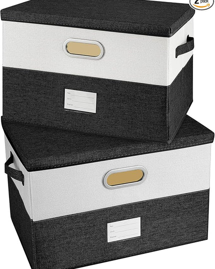 Large Linen Fabric Foldable Storage Bins with Removable Lid and Handles, Washable Storage Box Organizer Containers Baskets Cube with Cover for Bedroom,Office (Black&White, Medium(2-Pack))