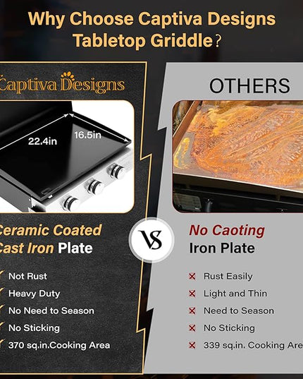 Captiva Designs 22 in Flat Top Grill with Ceramic Coated Cast Iron Pan, Portable Tabletop Propane Gas Griddle Grill for Camping, Outdoor & Tailgating Barbecue, 24,000 BTU Output, 3 Burners