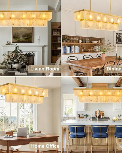Rectangle Alabaster Chandelier, L54 Brass Linear Chandeliers Over Table Pendant Light Modern Mrable Rectangular Chandelier for Kitchen Island Dining Room Living 2-Tier Gold(Include 16 Bulbs)