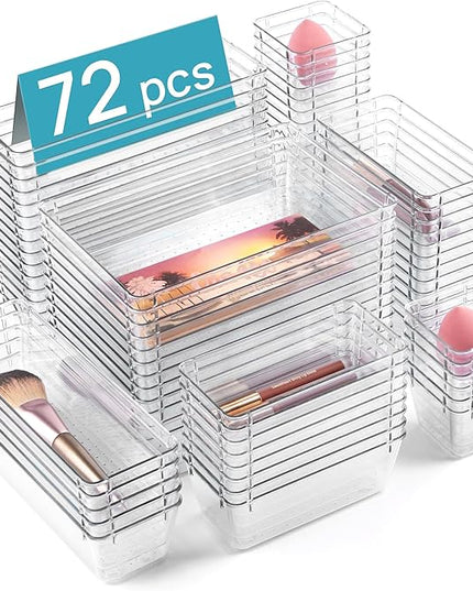 Vtopmart 72 PCS Clear Plastic Drawer Organizers Set, 4-Size Versatile Bathroom and Vanity Organizer Trays, Non-Slip Storage Containers for Makeup, Jewelries, Bedroom，Kitchen Utensils and Office