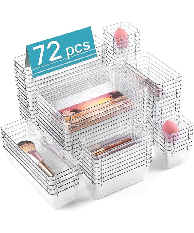 Vtopmart 72 PCS Clear Plastic Drawer Organizers Set, 4-Size Versatile Bathroom and Vanity Organizer Trays, Non-Slip Storage Containers for Makeup, Jewelries, Bedroom，Kitchen Utensils and Office