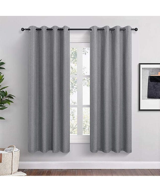 Short Small Linen Blackout Curtains 54 Inch Length 2 Panels Set for Bedroom Living Room Grommet 100% Black Out Linen Drapes Room Darkening Window Curtains 54 Inches Long Dark Gray
