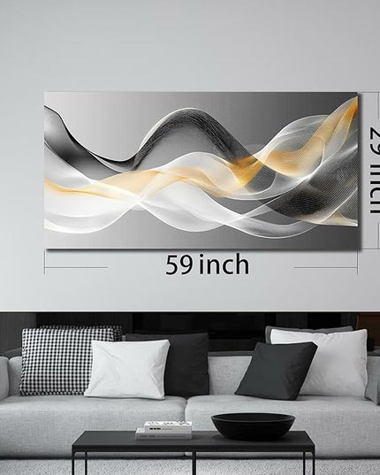 JuhaiArt Abstract Wall Art White Wall Decor for Living Room Office Large Black Canvas Art Picture Gold Artwork 29" x 59" Modern Prints