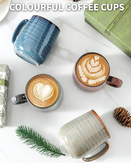 HASENSE Coffee Mugs Set of 4, 12 Oz Stoneware Coffee Cups with Large Handle, Colorful Rustic Mug Set for Coffee, Tea, Coco, Latte, Dishwasher and Microwave Safe