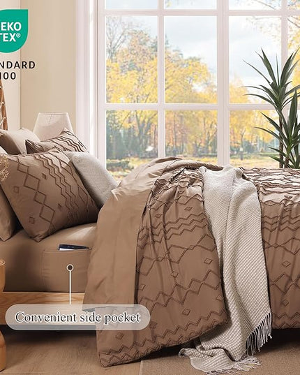 Full Size Comforter Set Brown, Tufted Boho Bedding Farmhouse Bed Set, All Season 7 Pieces Bed in a Bag with Sheets, Pillowcases & Shams