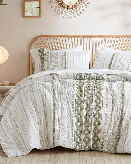 Ink+Ivy King Duvet Cover Set Boho Chenille Tufted Cotton Duvet Cover for King Size Bed, All Season King Size Bedding Cover, Matching Shams, Imani, King/Cal King Sage Green/Ivory 3 Piece