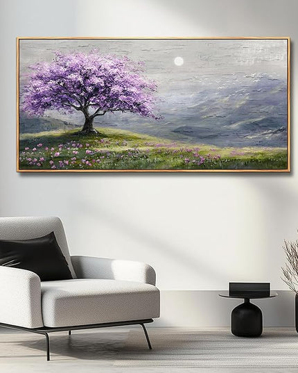 FUHAIHUA Large Wood Framed Wall Decor For Living Room Canvas Wall Art For Office Modern Wall Decorations For Bedroom Purple Tree Painting Farmhouse Pictures Artwork Room Home Decor 24x48 In