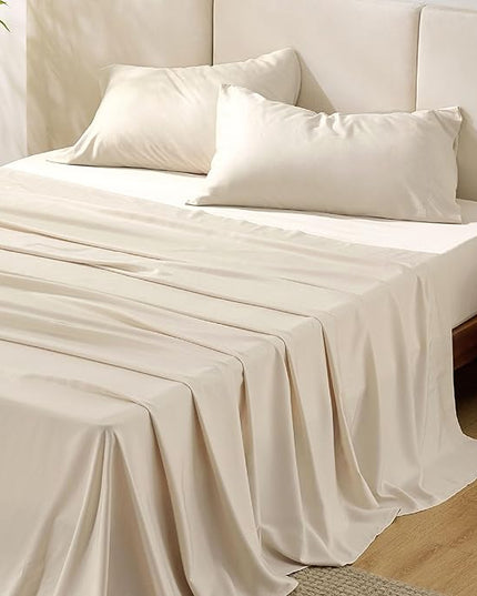 Bedsure Queen Sheet Set, Rayon Derived from Bamboo, Cooling Sheets, Breathable & Soft, Deep Pocket Up to 16", Hotel Luxury Silky Bedding for Hot Sleepers, Light Beige