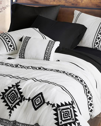 MaiRêve Embroidery Comforter Set King Size 7 Pieces, Boho Farmhouse Western Bedding All Season Bed in A Bag, White Black King Comforter Set with Sheets, Pillowcases & Shams
