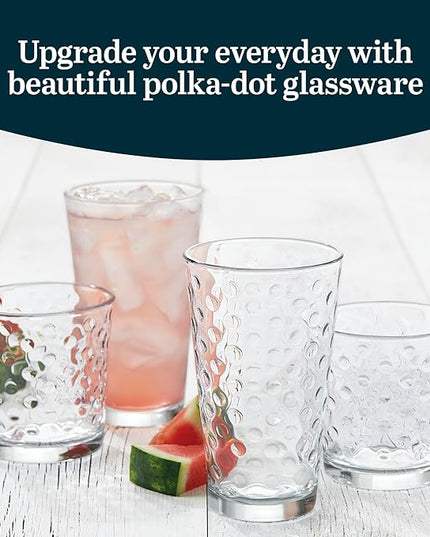 Libbey Awa Tumbler and Rock Glasses Drinking Set, Elegant Polka Dot Drinking Glasses Set of 16, All Purpose Glass Cups Set for Events and Everyday Use