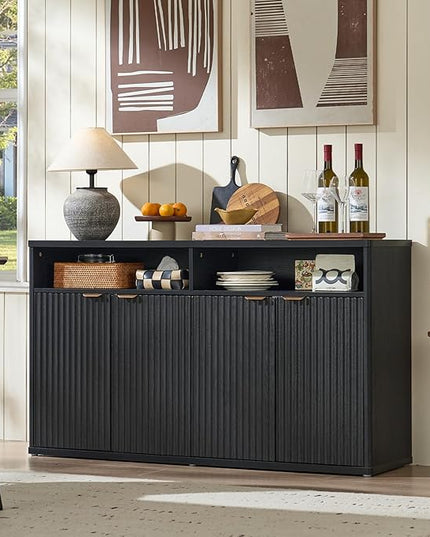 LEYAOYAO Fluted Buffet Cabinet with Storage, 55" Wide Wood Sideboard Credenza with 4 Doors & Open Storage Shelf, Modern Kitchen Console Accent Cabinets, Coffee Bar Table for Dining Room, Black Oak