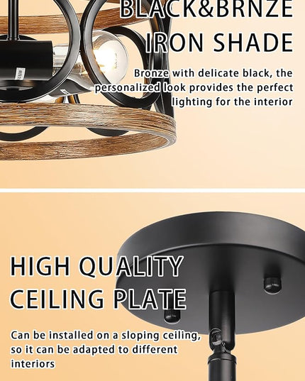 Farmhouse Semi Flush Mount Ceiling Light Fixtures, 3-Light Black Ceiling Light Rustic Light Fixtures for Hallway Entrance Kitchen Bedroom