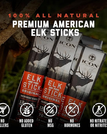 ICON Meats Elk and Pork Snack Sticks, Original, 24 Pack of High Protein Snacks, Sugar Free, Natural Jerky Meat Sticks, Gluten Free, USDA Inspected, Made in the USA, Gifts or Stocking Stuffers