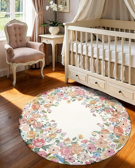 Wonnitar Washable 4ft Round Area Rug, Camellia Floral Living Room Rugs for Bedroom Girls, Low Pile Soft Flower Throw Carpet for Kids Nursery Room (Beige,4ft Round)
