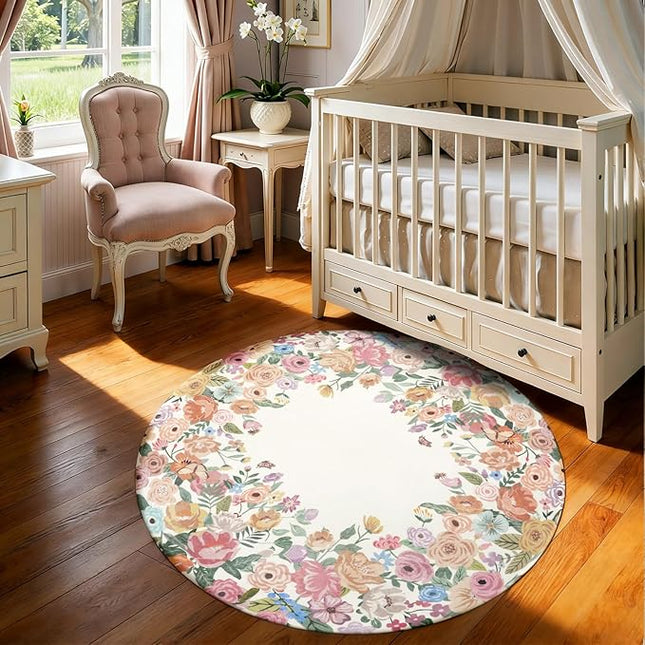 Wonnitar Washable 4ft Round Area Rug, Camellia Floral Living Room Rugs for Bedroom Girls, Low Pile Soft Flower Throw Carpet for Kids Nursery Room (Beige,4ft Round)