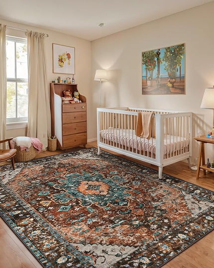 Ciicool Washable Area Rug - 6x9 Vintage Bedroom Rug Dining Room Non-Slip Lining Room, Oriental Throw Low Pile Carpet for Office Kitchen Entryway（Brick Red/Dull Teal）