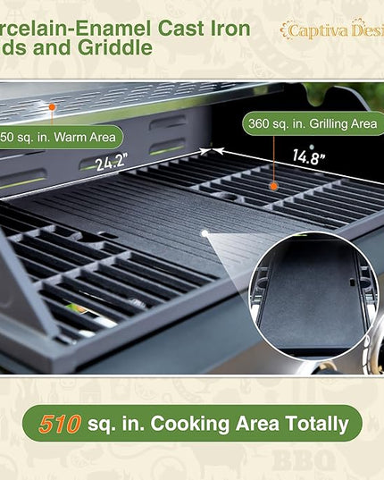 Captiva Designs 4-Burner Propane Gas BBQ Grill with Side Burner & Porcelain-Enameled Cast Iron Grates, 46,700 BTU Output for Outdoor Cooking Kitchen and Patio Backyard Barbecue, Black