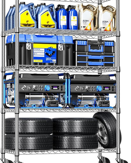 IZEUK 5-Tier Storage Shelving Unit with Wheels, Adjustable Heavy Duty Steel Wire Rack Organizer (Chrome, 17.7" D x 47.2" W x 76.7" H, 1750 lbs Capacity) for Garage, Kitchen, Pantry, Laundry