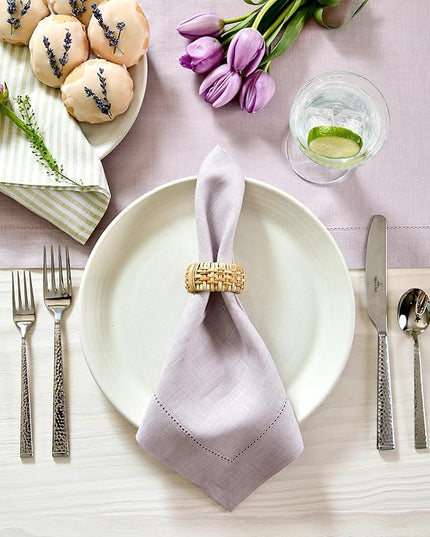 Solino Home Linen Napkins Set of 6 - Classic Hemstitch 100% Pure Linen Lilac Dinner Napkins Cloth 20 x 20 Inch - Handcrafted and Machine Washable